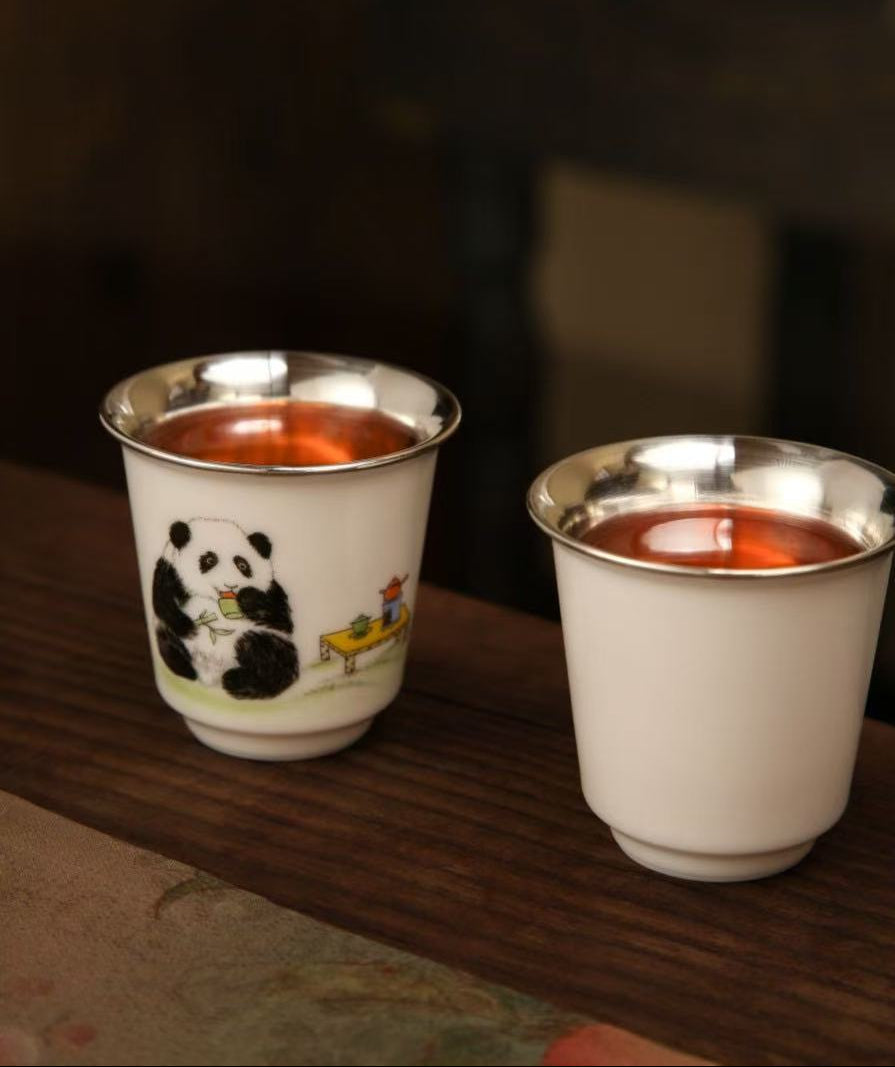 Zen Panda Teacup -- 999 Pure Silver Purifier Cup with Porcelain Overlay
