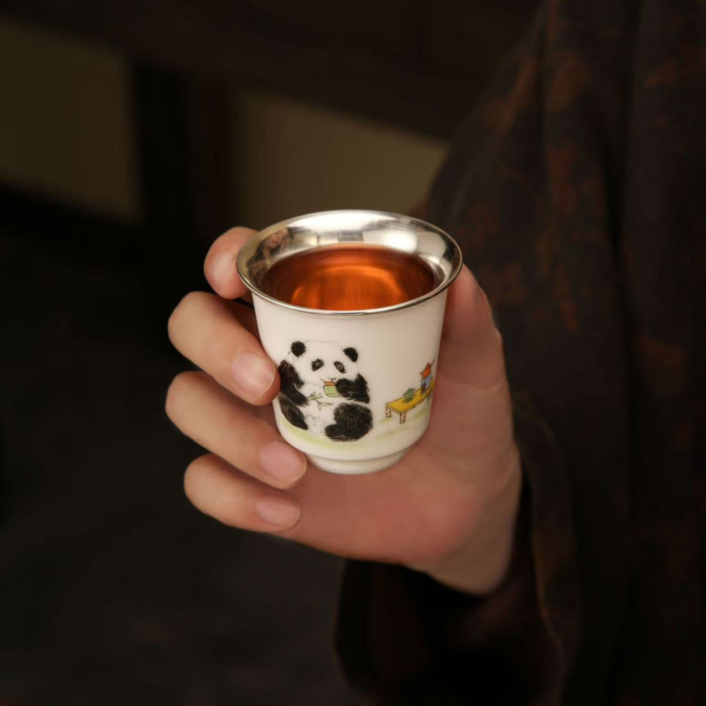 Zen Panda Teacup -- 999 Pure Silver Purifier Cup with Porcelain Overlay