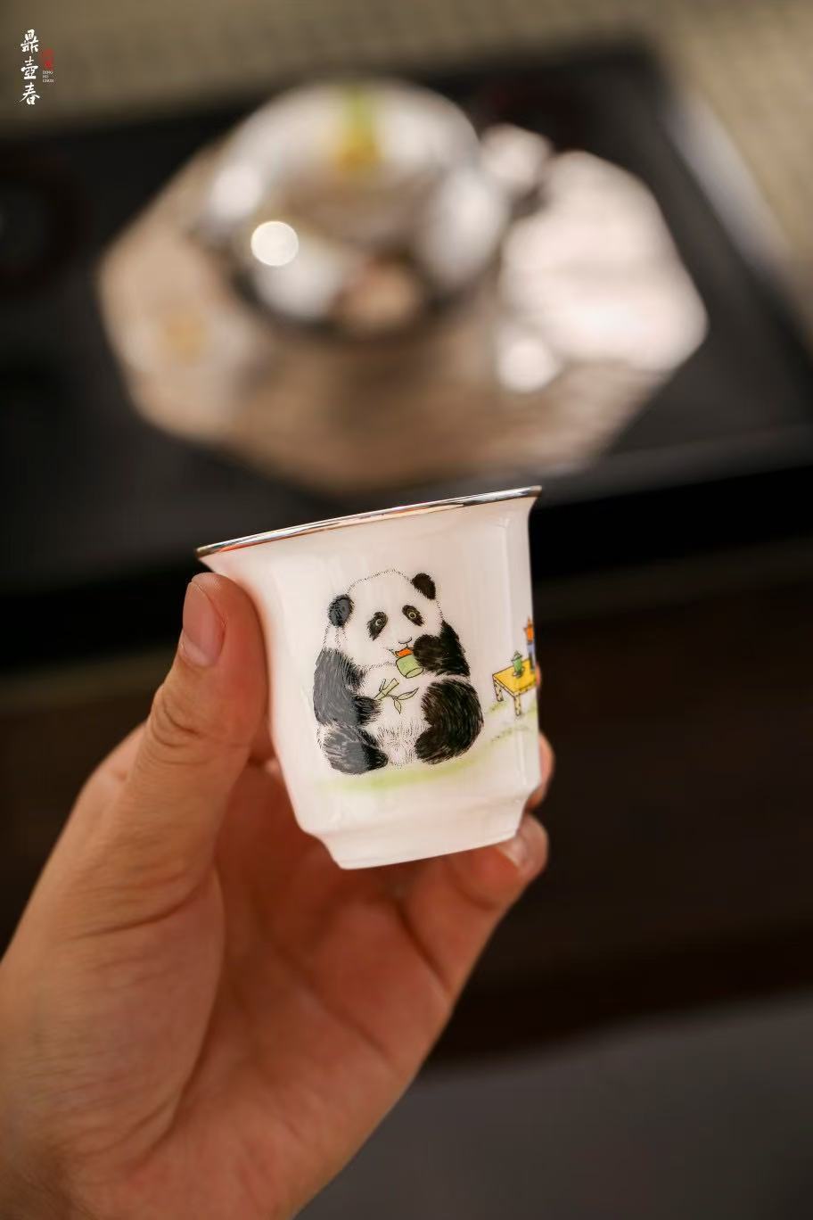 Zen Panda Teacup -- 999 Pure Silver Purifier Cup with Porcelain Overlay