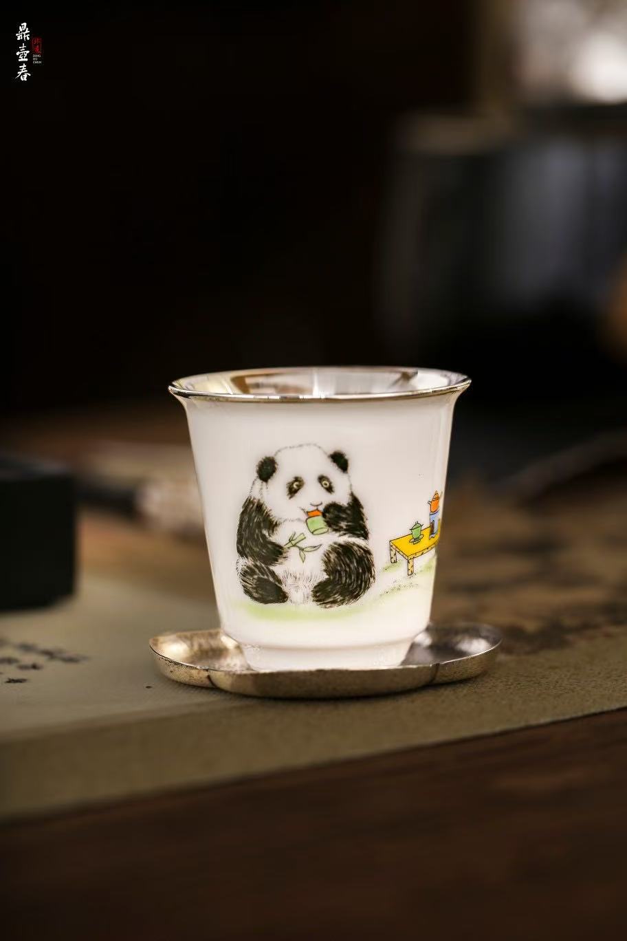 Zen Panda Teacup -- 999 Pure Silver Purifier Cup with Porcelain Overlay