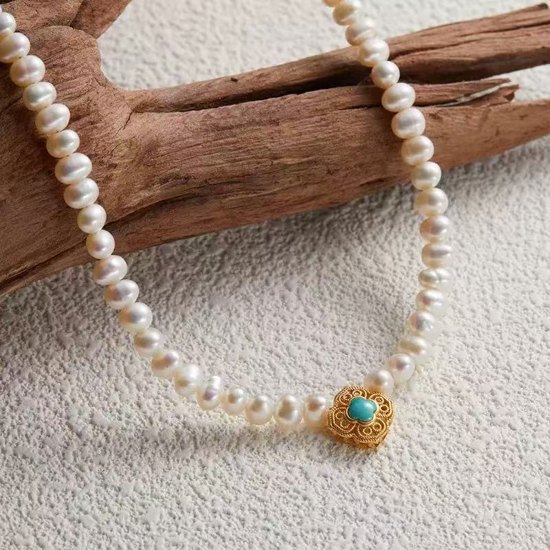 Natural Freshwater Pearl and Turquoise 925 Sterling Silver Collarbone Necklace