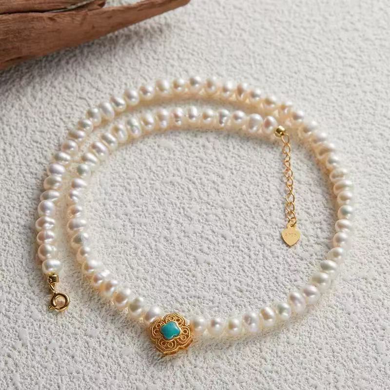 Natural Freshwater Pearl and Turquoise 925 Sterling Silver Collarbone Necklace