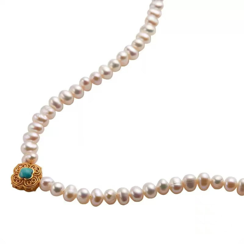 Natural Freshwater Pearl and Turquoise 925 Sterling Silver Collarbone Necklace