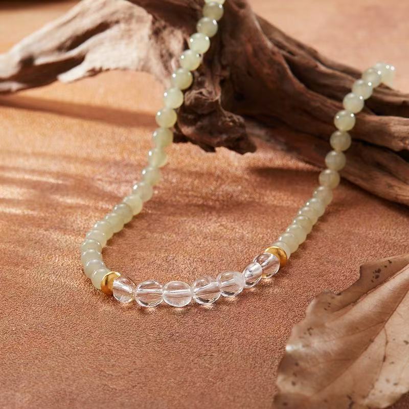 925 Sterling Silver, Clear Crystal & Nephrite Jade Bracelet and Necklace Set