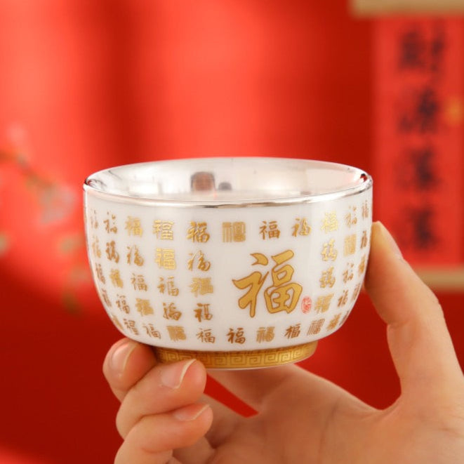 Million Fortune Teacup -- 999 Pure Silver Purifier Cup with Porcelain Overlay