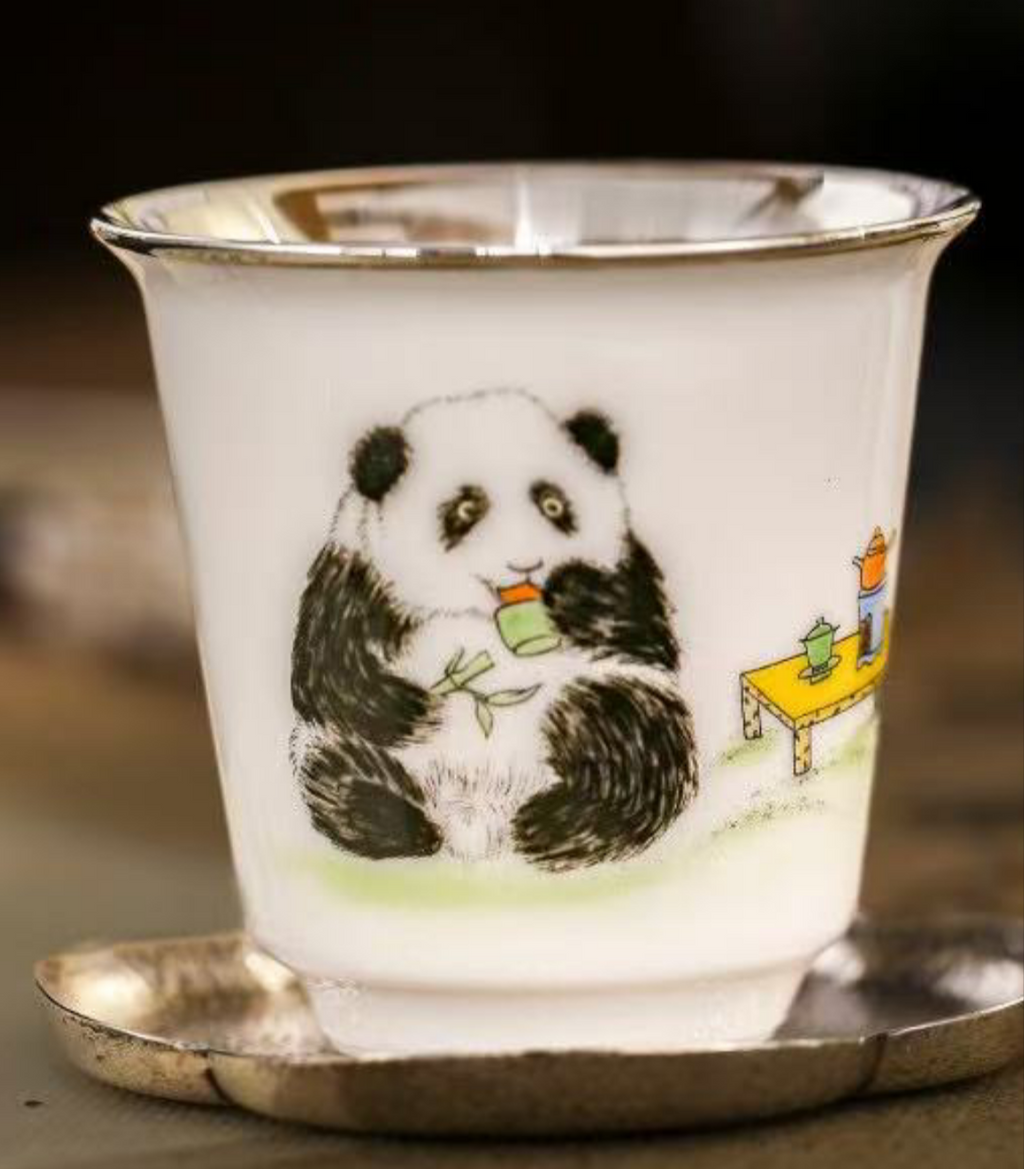 Zen Panda Teacup -- 999 Pure Silver Purifier Cup with Porcelain Overlay